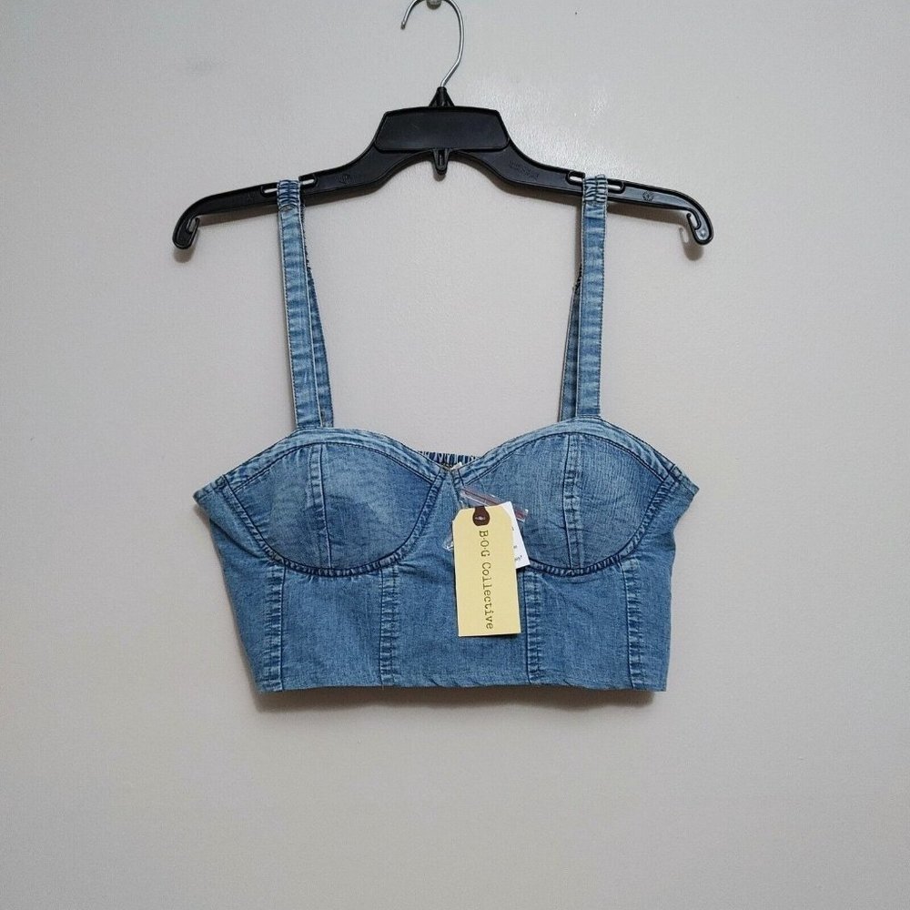 BOG Collective Blue Denim Sleeveless Crop  Top Womens Large Padded NEW